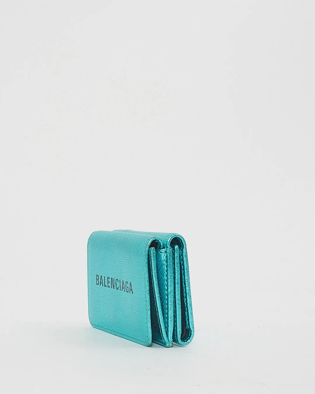 Balenciaga Blue Metallic Leather Logo Small Trifold Wallet