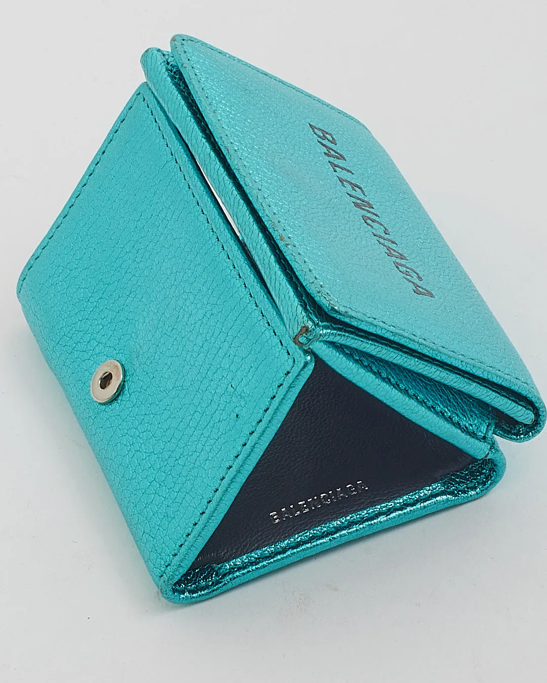 Balenciaga Blue Metallic Leather Logo Small Trifold Wallet