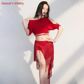 Belly Dance Training Suit Belly Dance Short Sleeves Top Tassel Skirt Women Belly Dancing Performance Suit Female Oriental Outfit