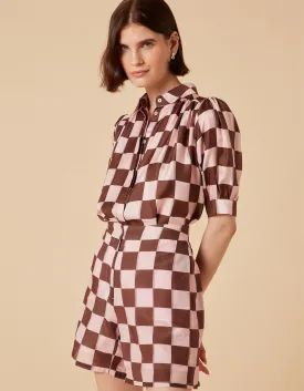 Betty Brown Puzzle Print Silk Twill Shirt