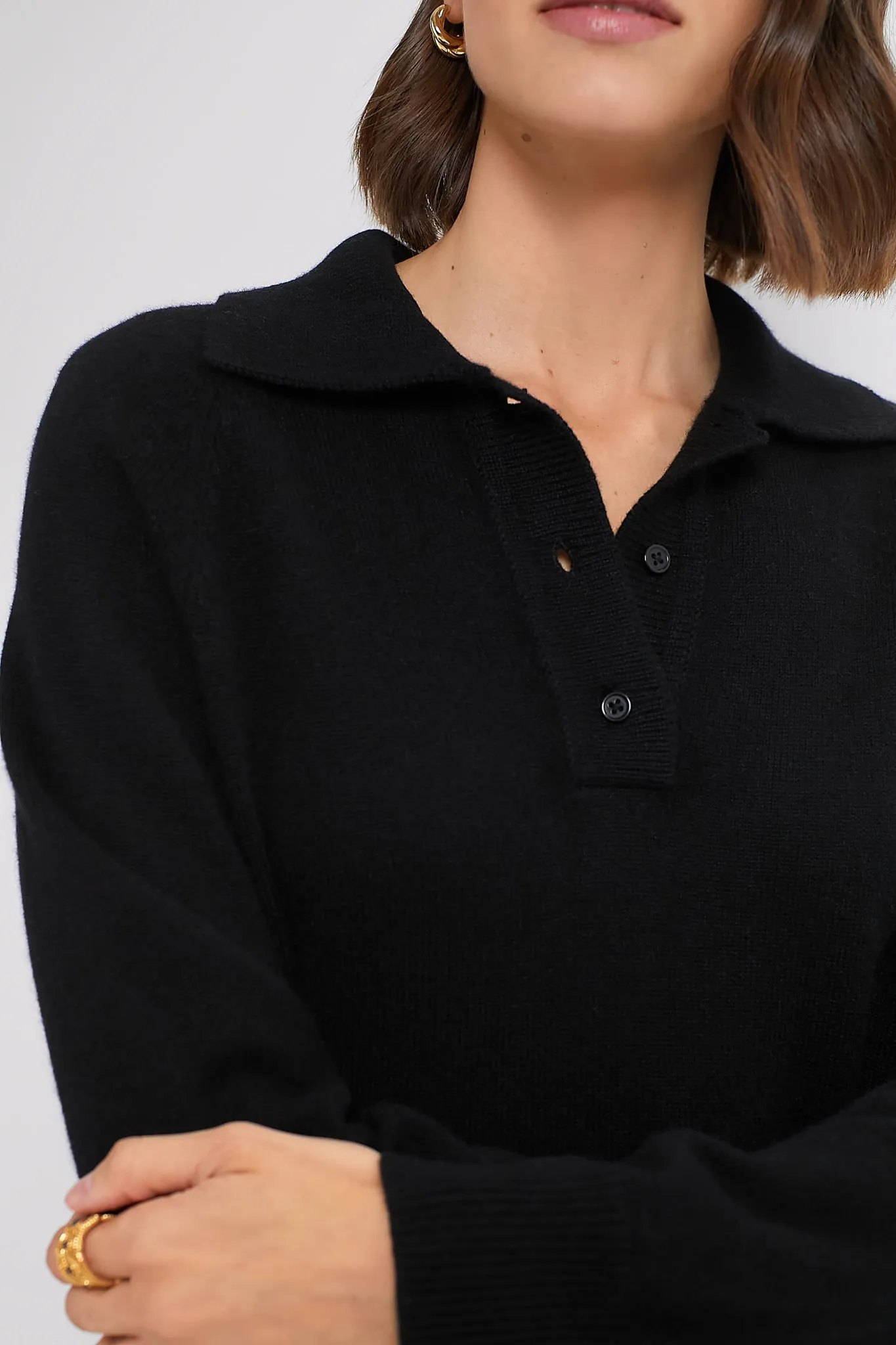 Black Carlisle Cashmere Banded Polo Sweater