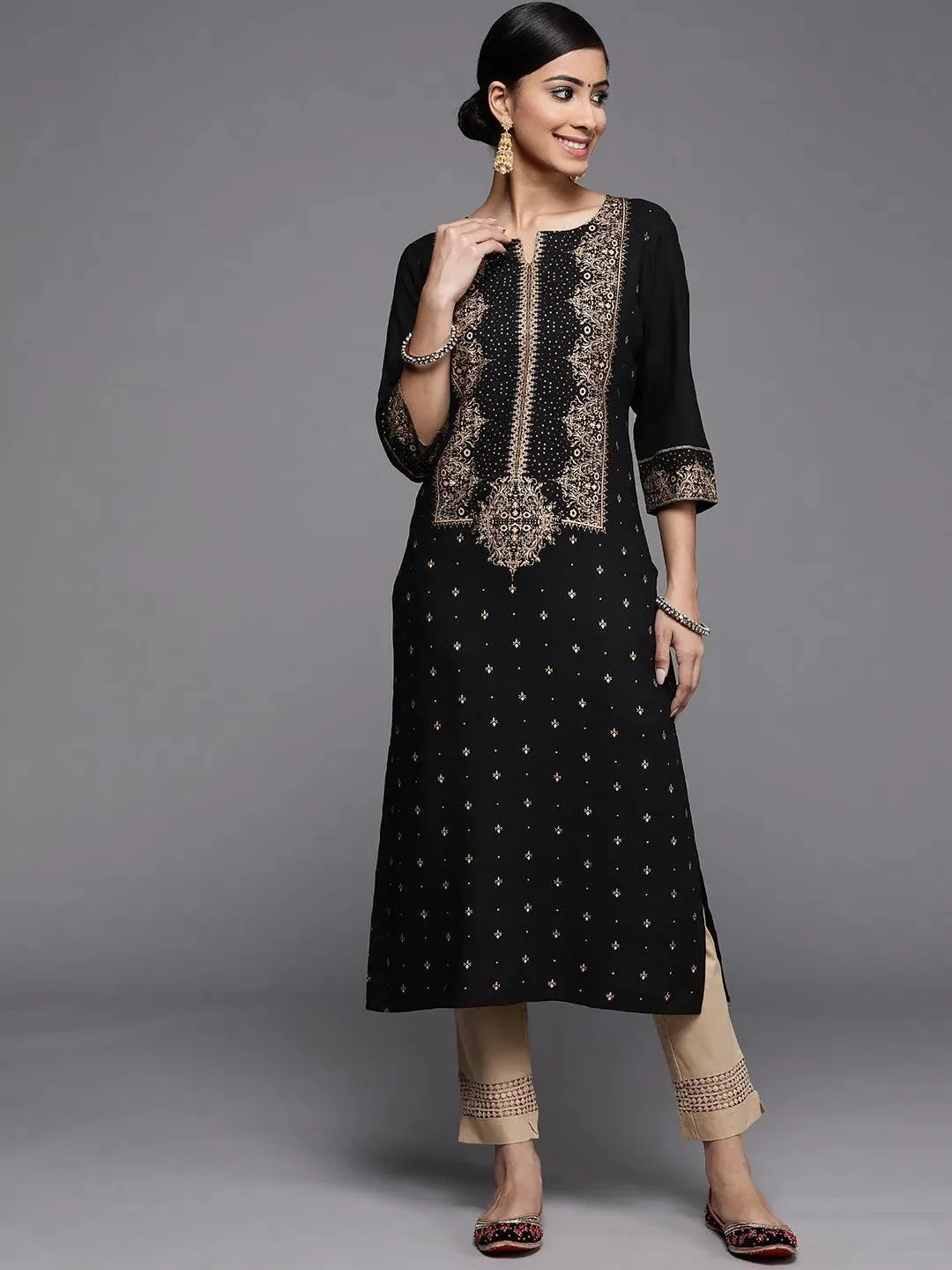 Black Printed Rayon Kurta