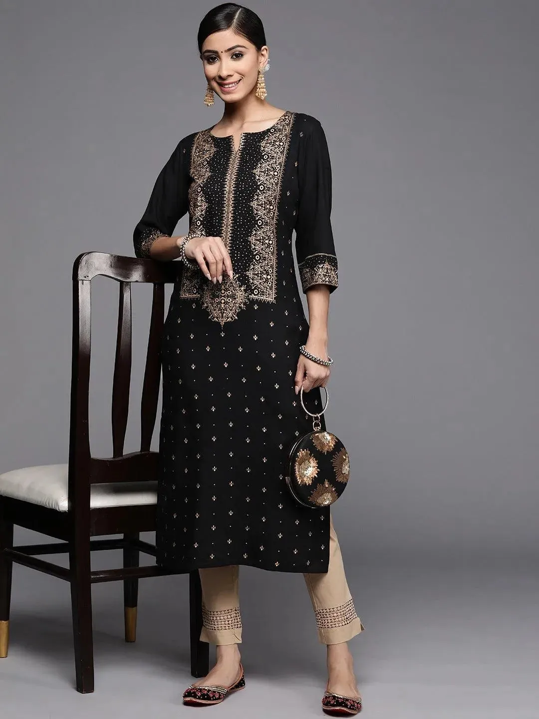 Black Printed Rayon Kurta