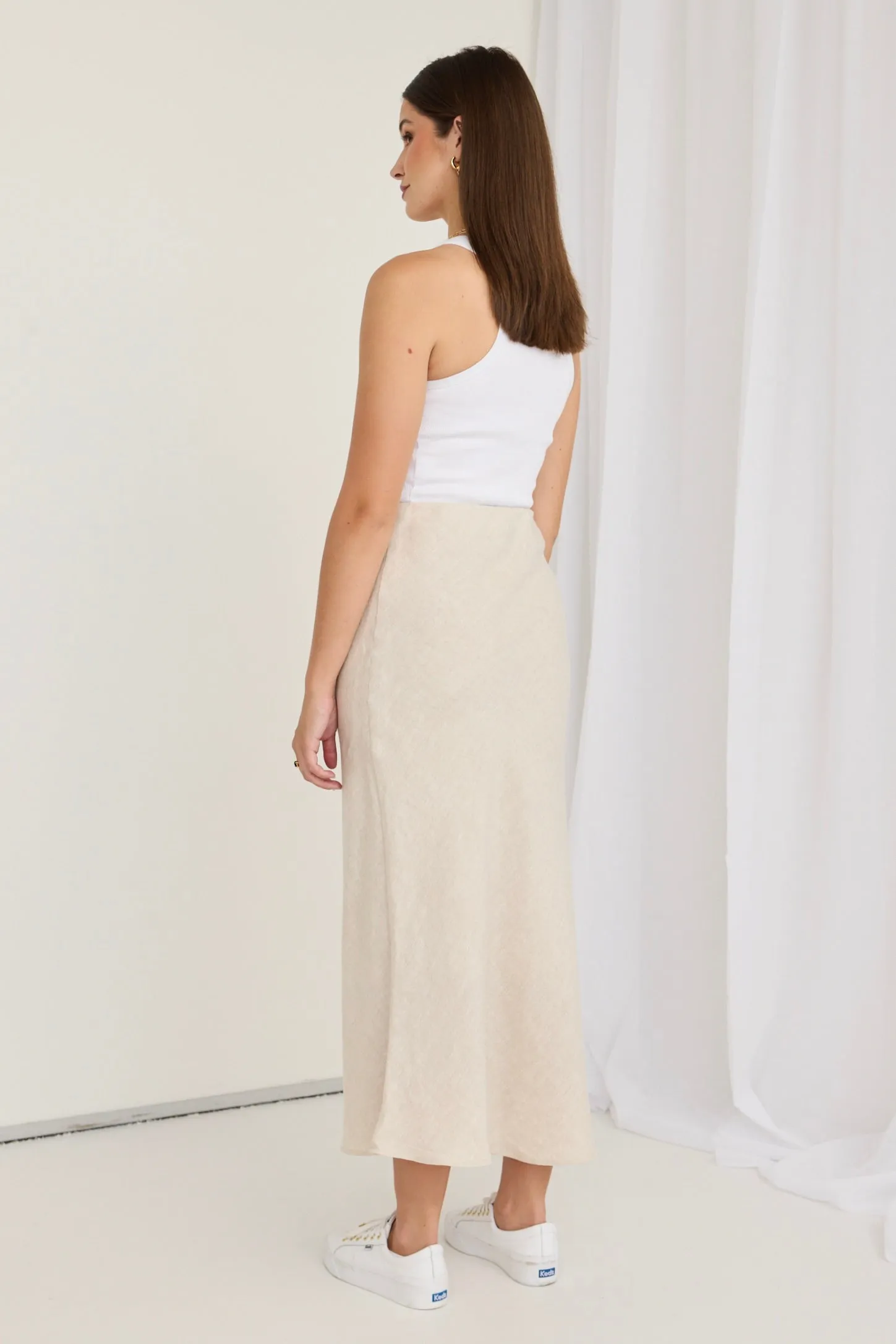 Bliss Natural Linen Bias Midi Skirt