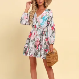 BOHO STYLE V-NECK PRINT LACE-UP LONG-SLEEVED DRESS_CWDSD4304