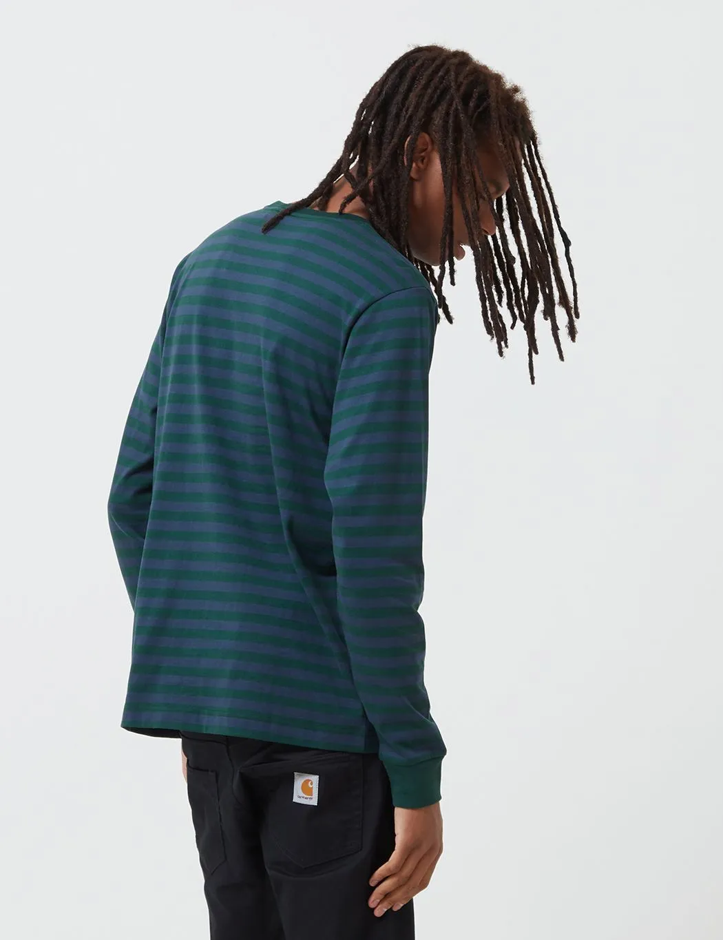 Carhartt-WIP Parker Pocket Long Sleeve T-Shirt (Parker Stripe) - Bottle Green/Admiral