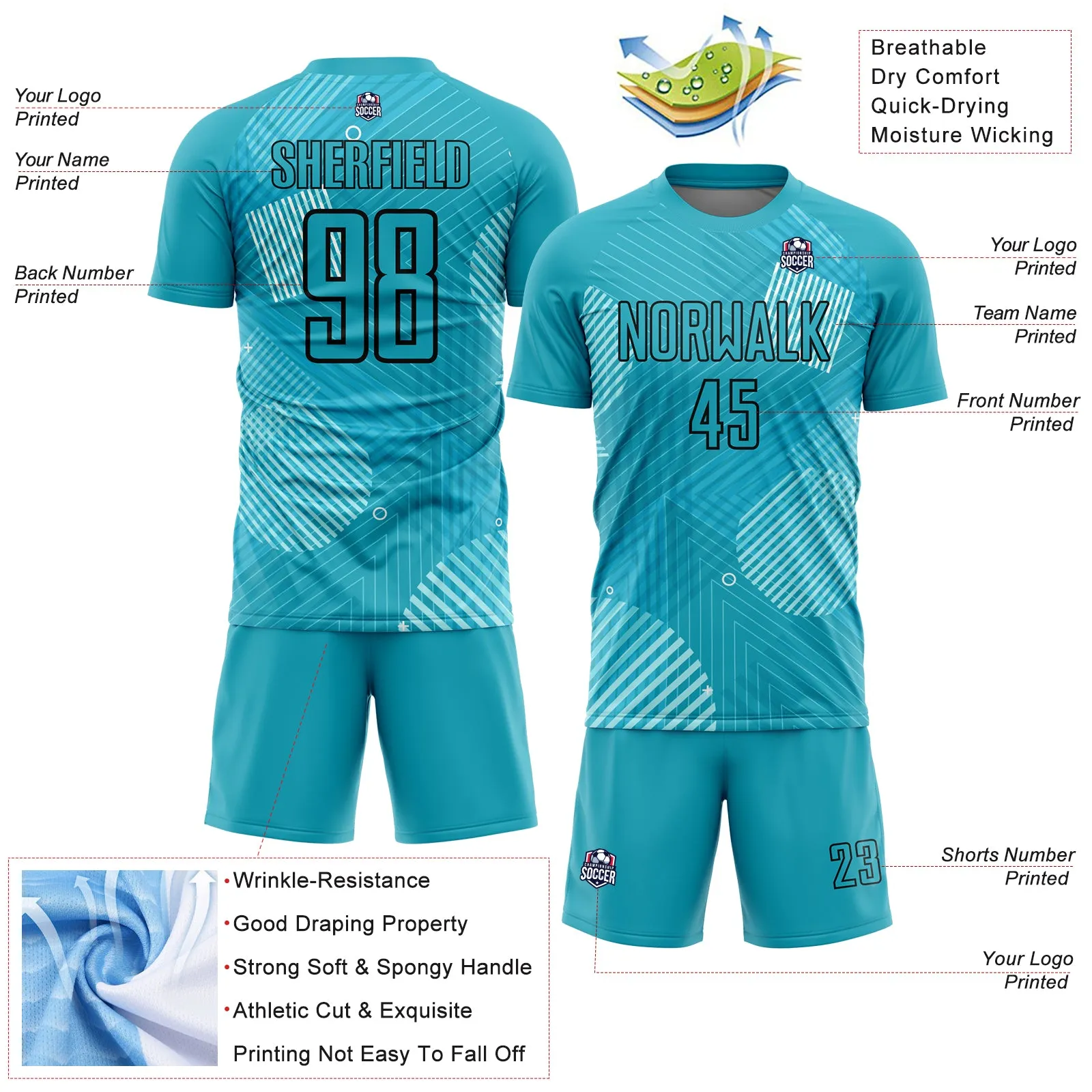 Custom Aqua Black Lines Sublimation Soccer Uniform Jersey