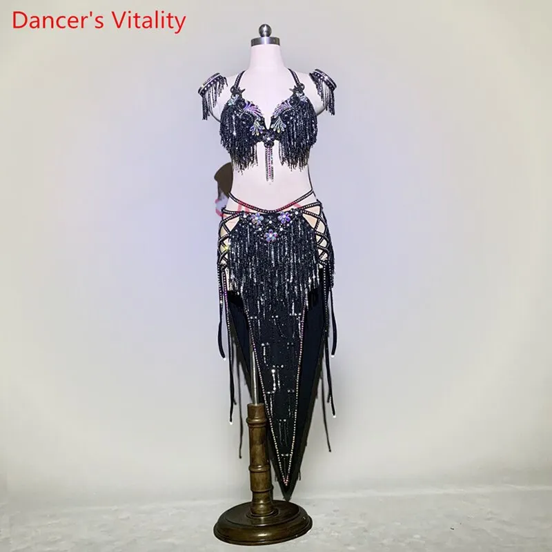 Customized Belly Dance Performance Costume Elegant Tassel Bra Diamond Skirt Set Women Oriental Indian Drum Dancing Stage Wear