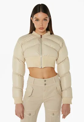 Faux Leather Cropped Bomber Jacket - Beige