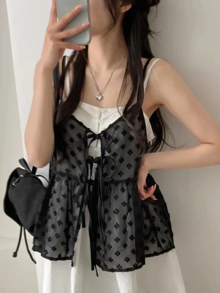 Girlary French Lace Sling Elegant Mesh Tops Women Summer Fashion Stacked Design Loose Gauze Tanks Korea Vintage Outwear Camis 2024 New