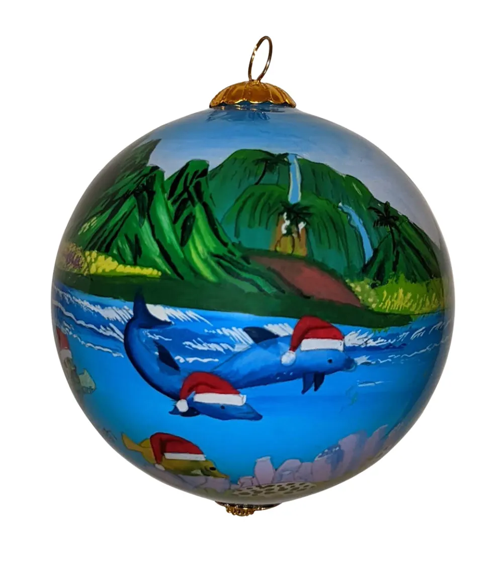 Glass Ornament - Surfing Santa and Friends Hawaii