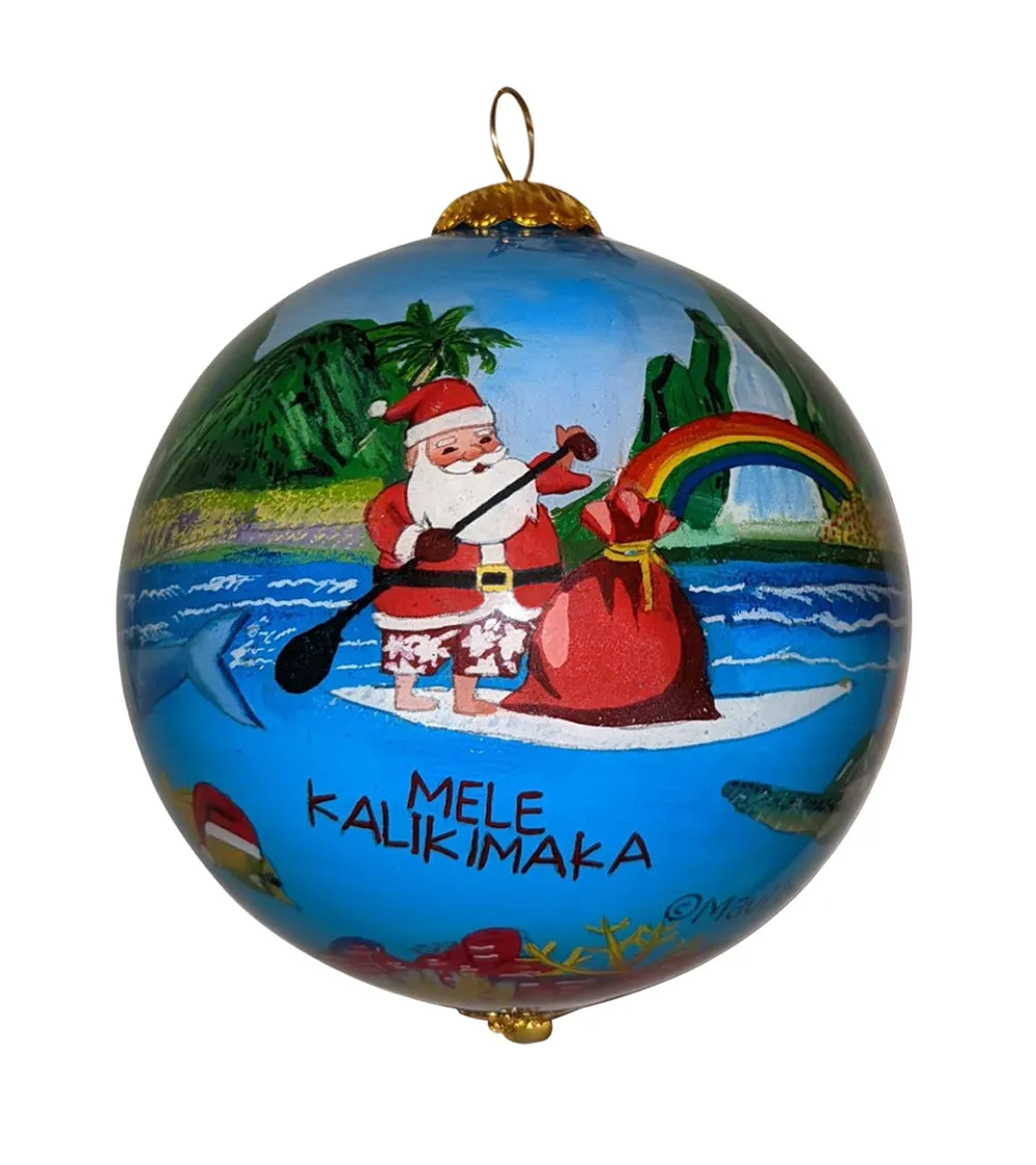 Glass Ornament - Surfing Santa and Friends Hawaii