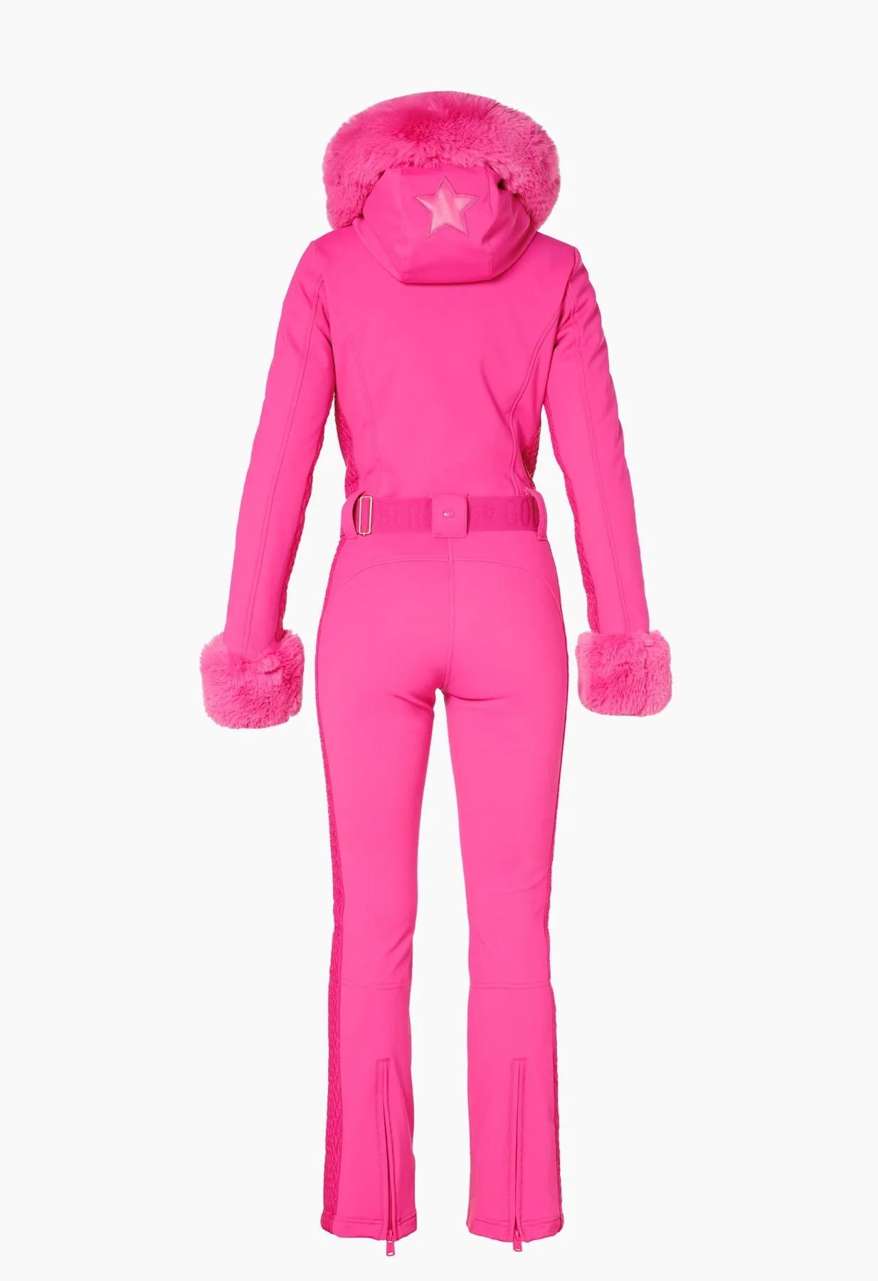 Luxury Goldbergh Angele Pink Ski Suit with Faux Fur Hood and Cuffs