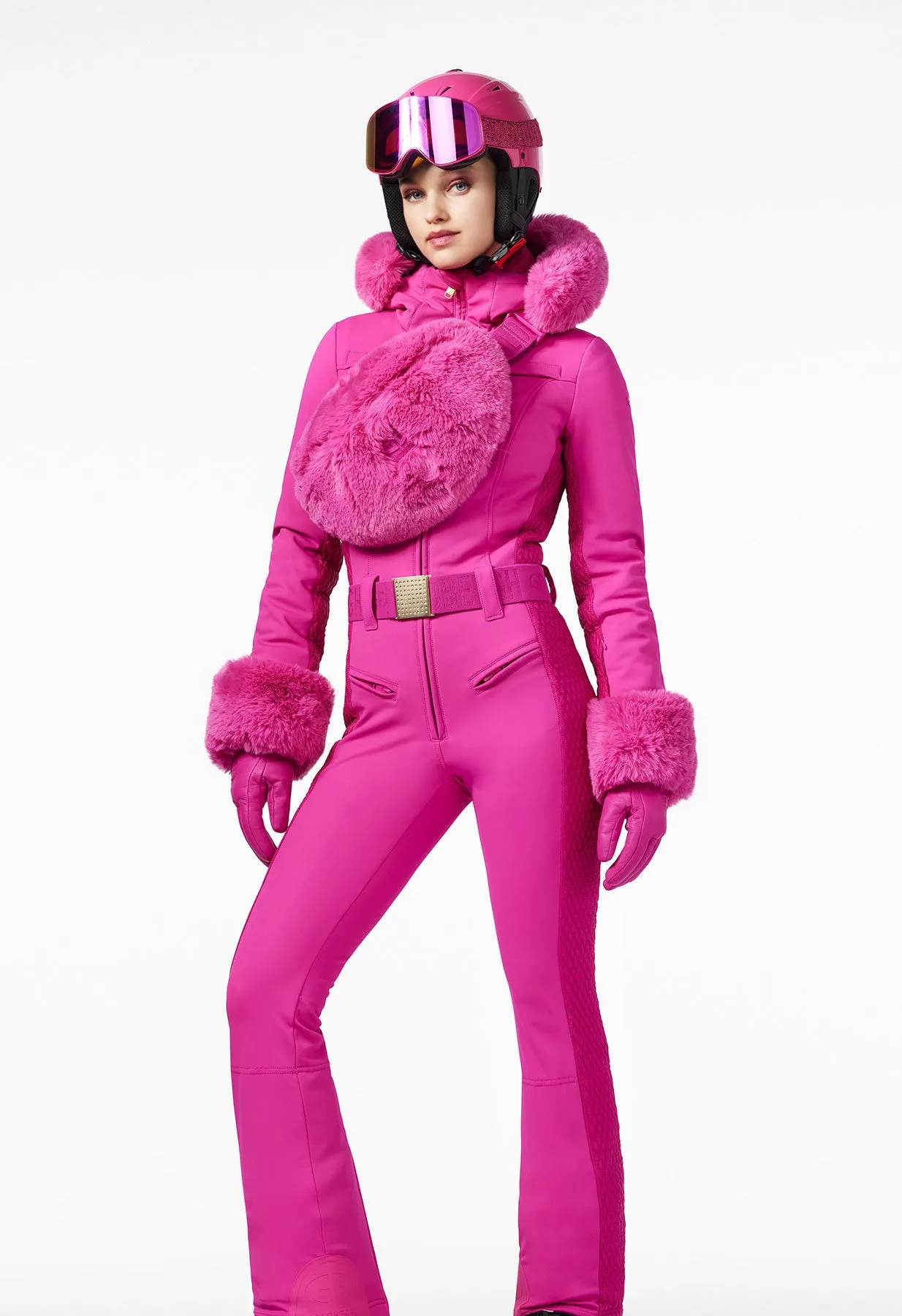 Luxury Goldbergh Angele Pink Ski Suit with Faux Fur Hood and Cuffs