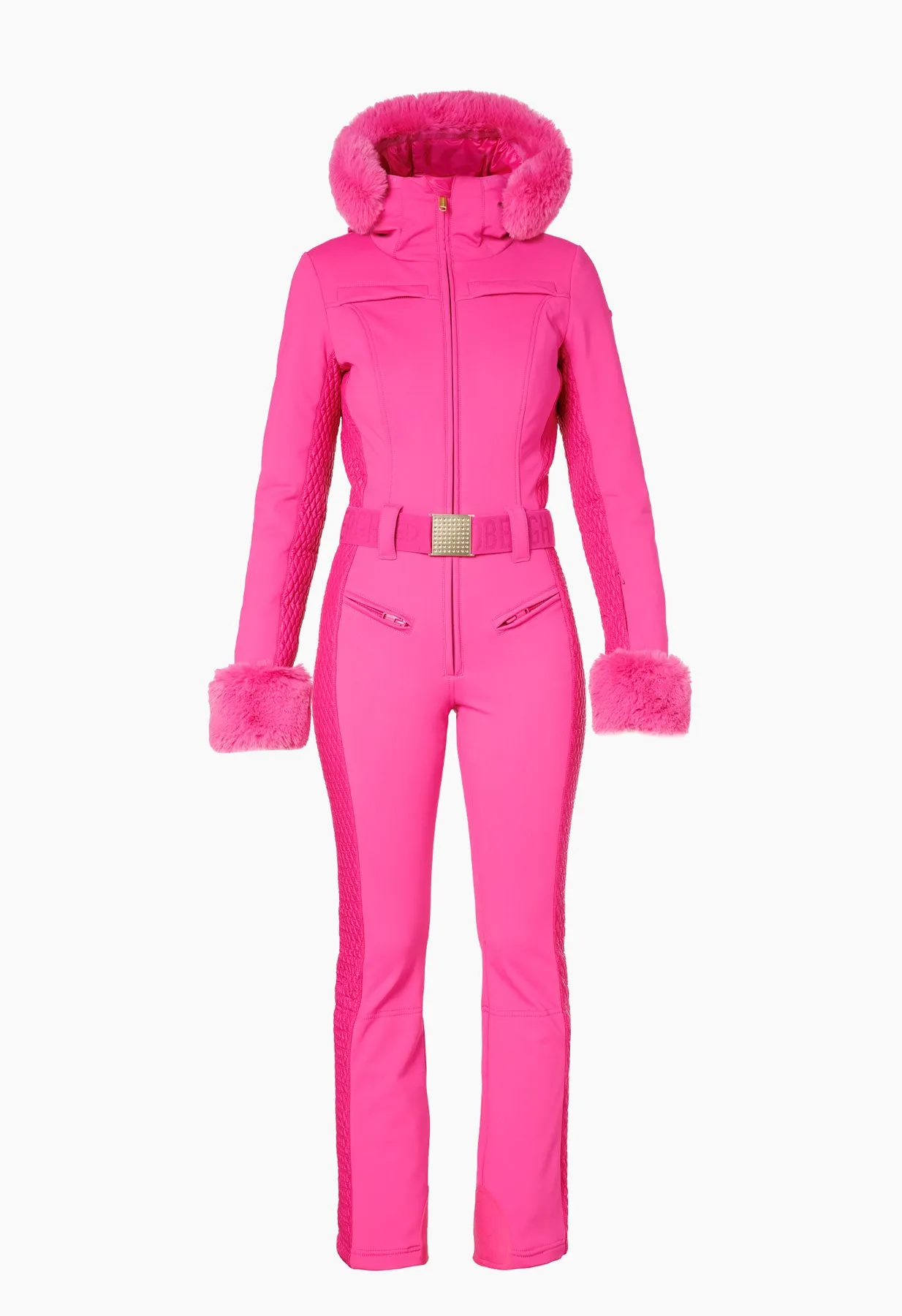 Luxury Goldbergh Angele Pink Ski Suit with Faux Fur Hood and Cuffs