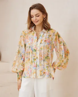 Iris Maxi Maya Blouse Top with Collar Long Sleeve Buttons - Bouquet