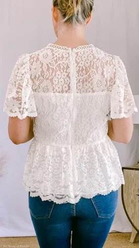 Kacy Flutter Sleeve Lace Peplum White Top