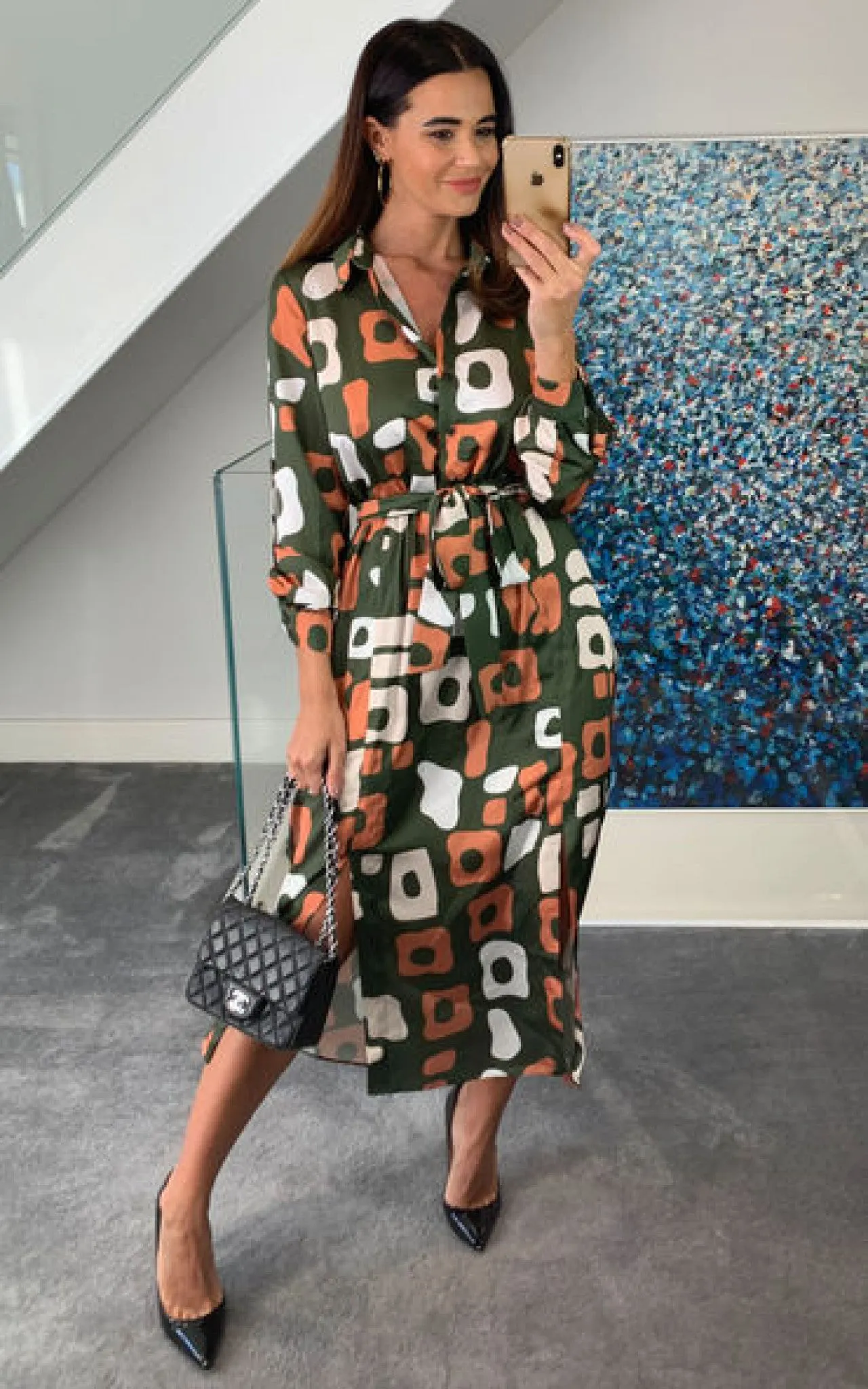 Love And Joy London Sonia Midi Shirt Dress In Green Multi