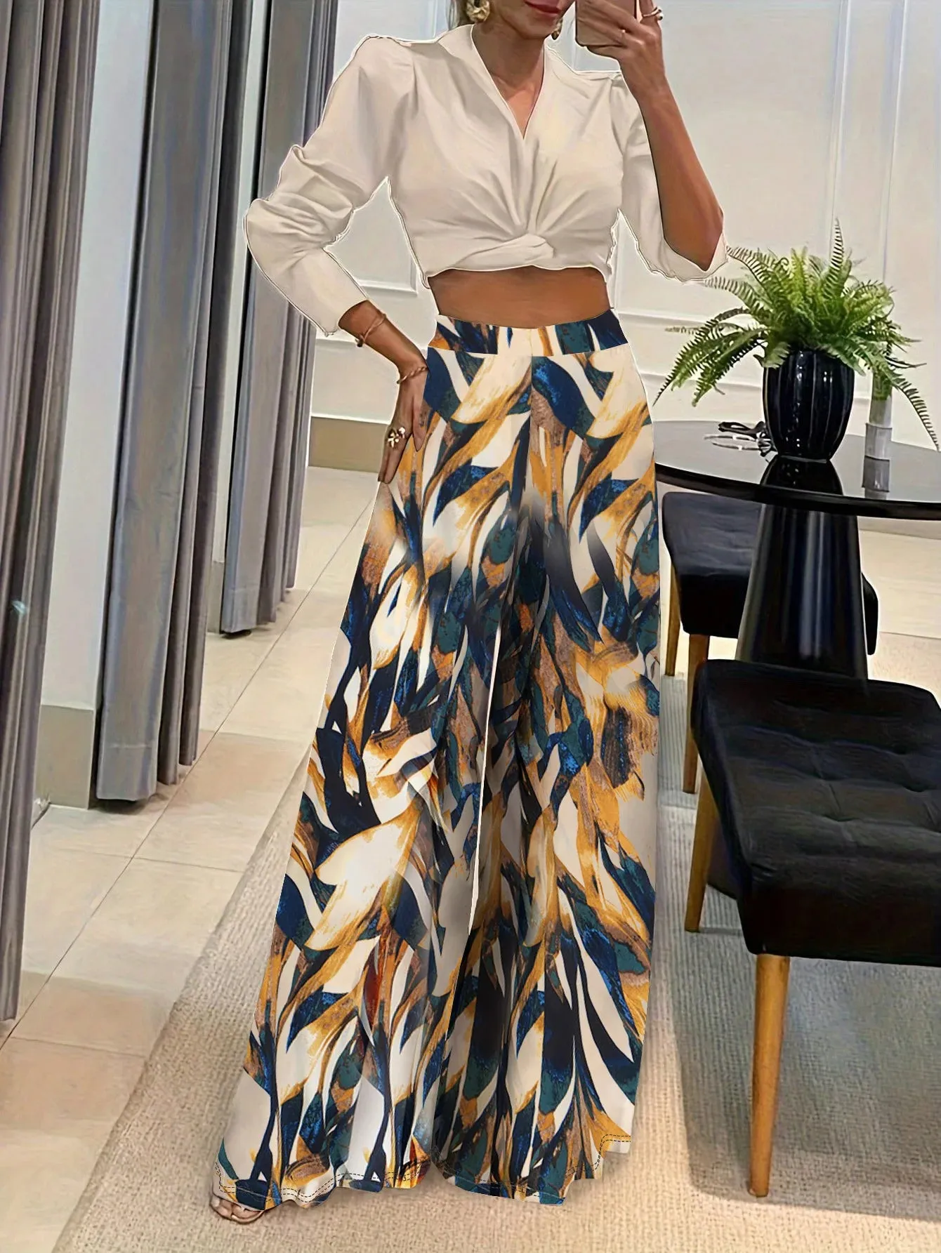 LVSANW Elegant Geometric Printing, Fashionable All Season New Street Loose Fit Wide Leg Pants, Fashionable Long Pants