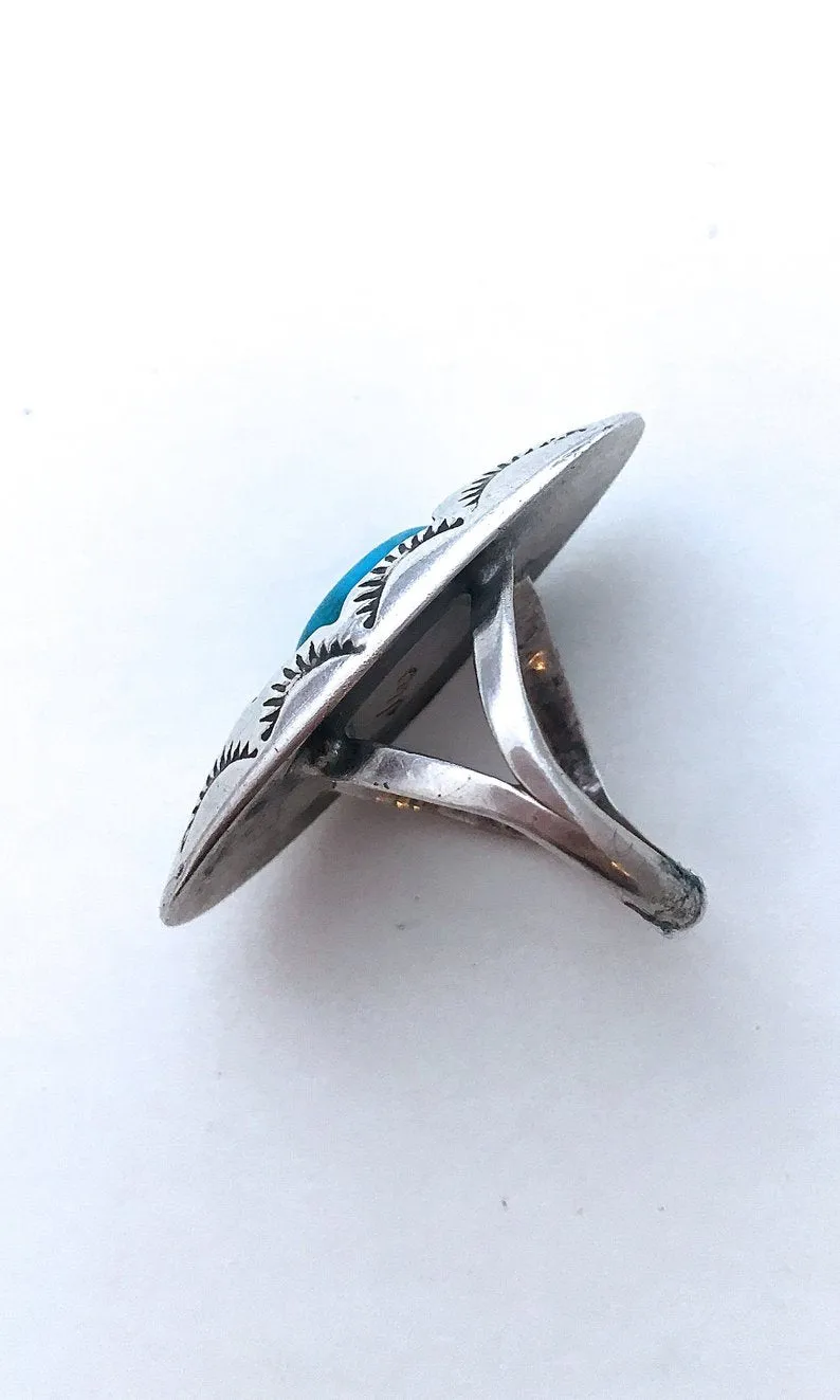 SHADOW BOXING 1970s JW Shadow Box Silver & Turquoise Ring, Size 7 1/4