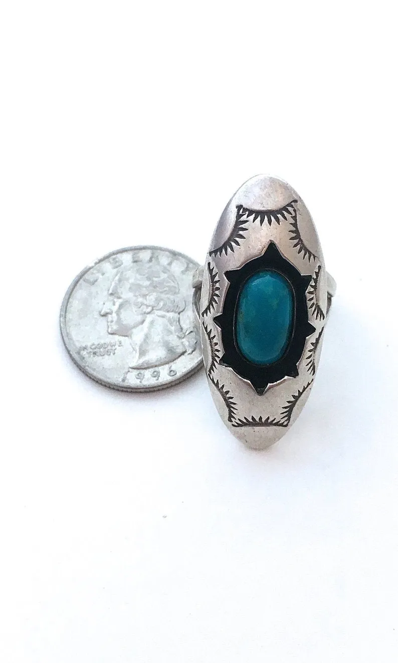 SHADOW BOXING 1970s JW Shadow Box Silver & Turquoise Ring, Size 7 1/4