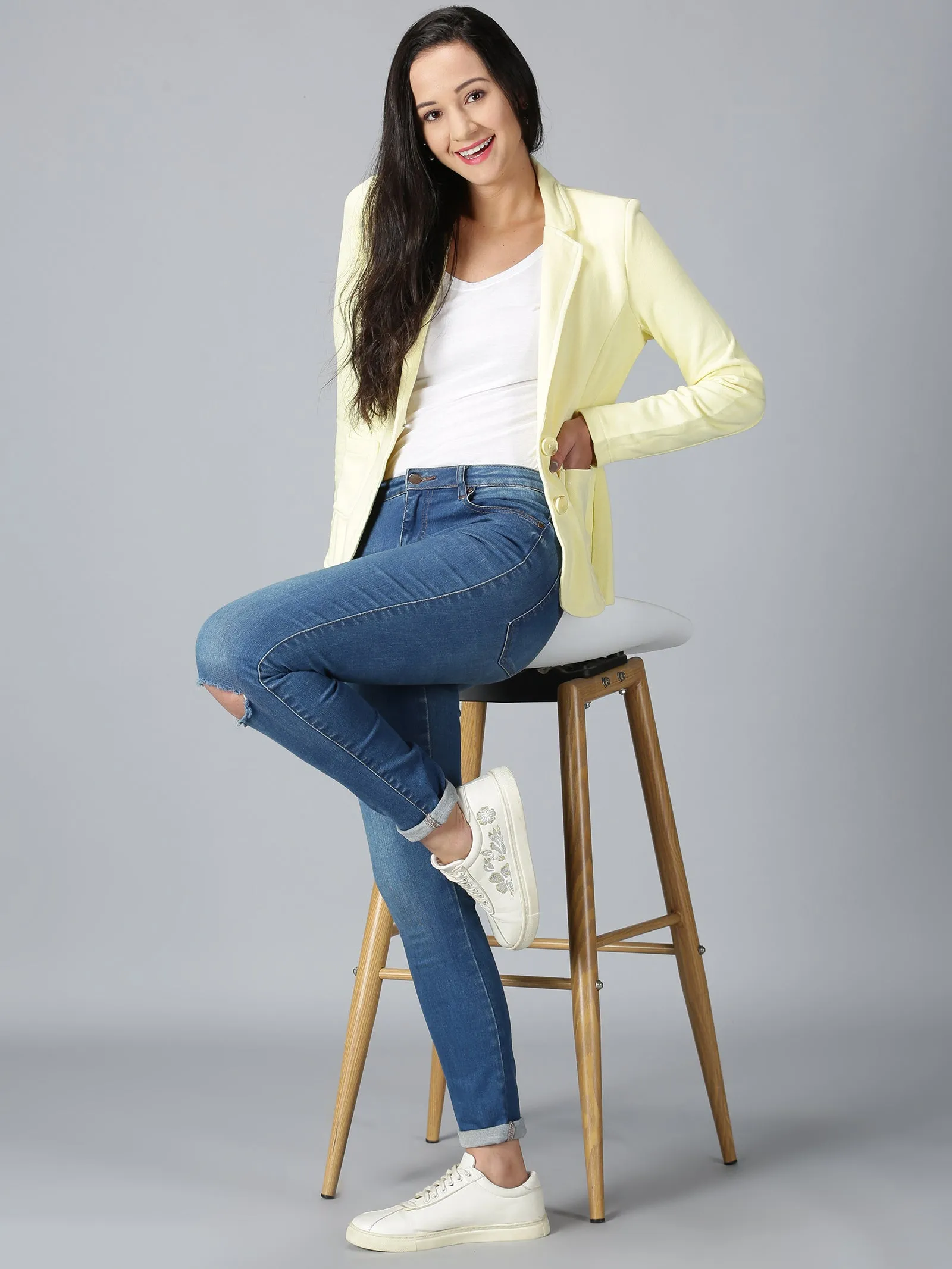 Women Yellow Solid Single Breasted Regular Blazer