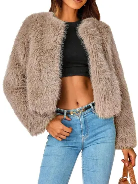 Women's Collarless Open Front Waist Length Fur Coat