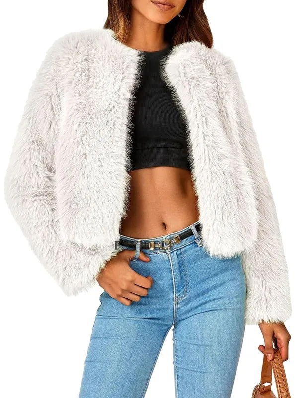 Women's Collarless Open Front Waist Length Fur Coat